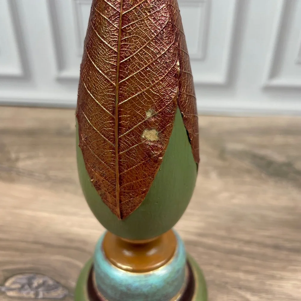 Wood Candlestick Holders Gold Leaf Green Brown Blue Artisan Handcrafted Set of 2